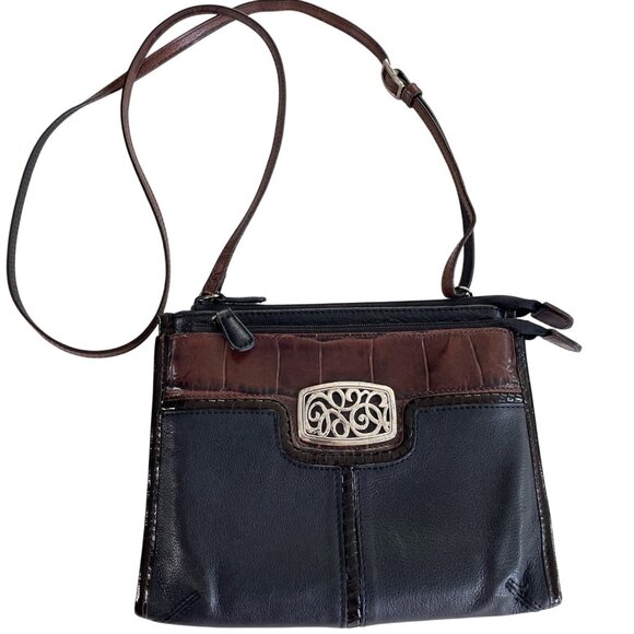 Brighton Black & Brown Leather Crossbody Bag With Adjustable Strap - Picture 1 of 13